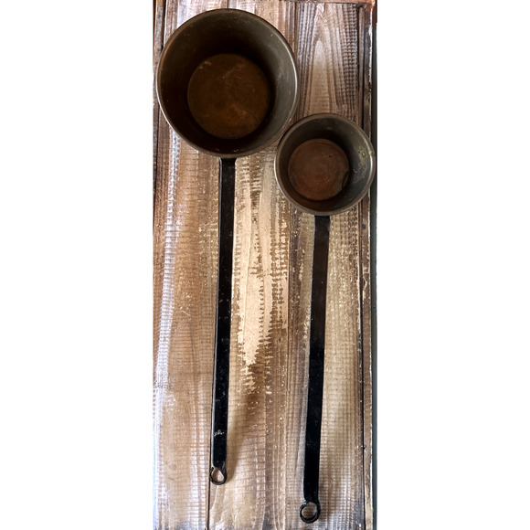 Set 2 Vintage Brass Copper Fireplace Pots Ladles Long Iron Handle Dipper Scoop - Picture 1 of 4